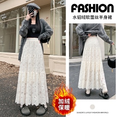 批发实拍加绒水貂绒<b class='q'>蕾丝</b>半身裙女秋冬新款仙女蛋糕裙高腰显瘦a字长裙