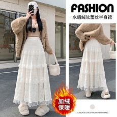 批发实拍加绒水貂绒<b class='q'>蕾丝</b>拼接蛋糕裙秋冬新款高腰a字半身裙温柔长裙子