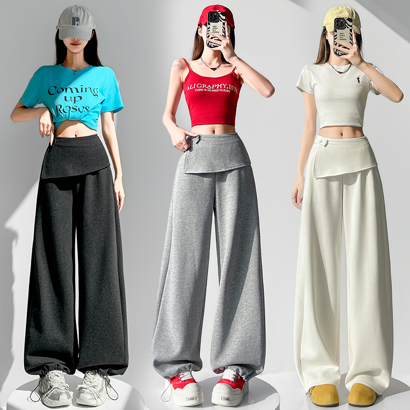 실사 디자인 센스 방귀 커튼 캐주얼 운동 웨이 바지 여성 2026 봄 여름 새로운 하이웨이스트 슬림해 보이는 스트레이트 와이드 레그 팬츠 어린이