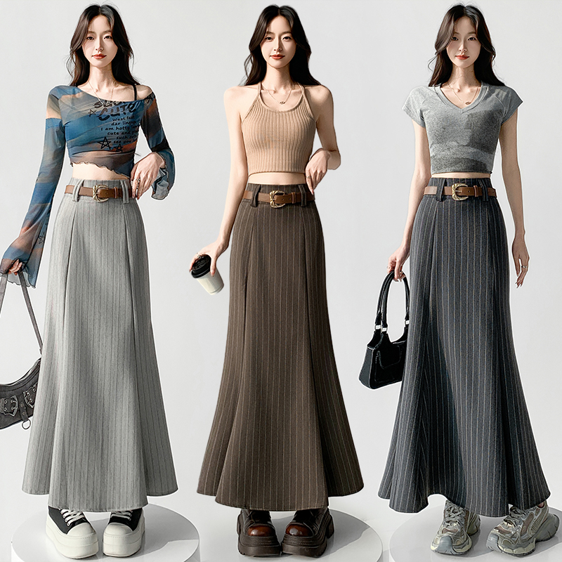 실사 레트로 스트라이프 하이웨이스트 인어 꼬리 스커트 반신 스커트 여성 2026 봄 여름 새로운 품격 슬림해 보이는 정장 롱 스커트