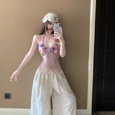 批发实拍 重工手工花辣妹挂脖碎花吊带背心<b class='q'>夏</b>季微透显瘦短款上衣