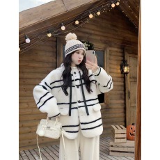 批发实拍 新款羊羔毛慵懒风软糯条纹带帽长袖外套女装<b class='q'>秋</b>冬季韩系