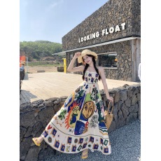 实拍  民族风涂鸦印花吊带连衣裙女夏季设计感小众简约百搭长裙