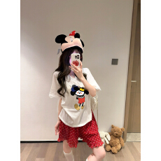 批发实拍 夏V领卡通印花拼<b class='q'>蕾丝</b>短袖T恤两件套碎花褶皱花边<b class='q'>短裤</b>套装女