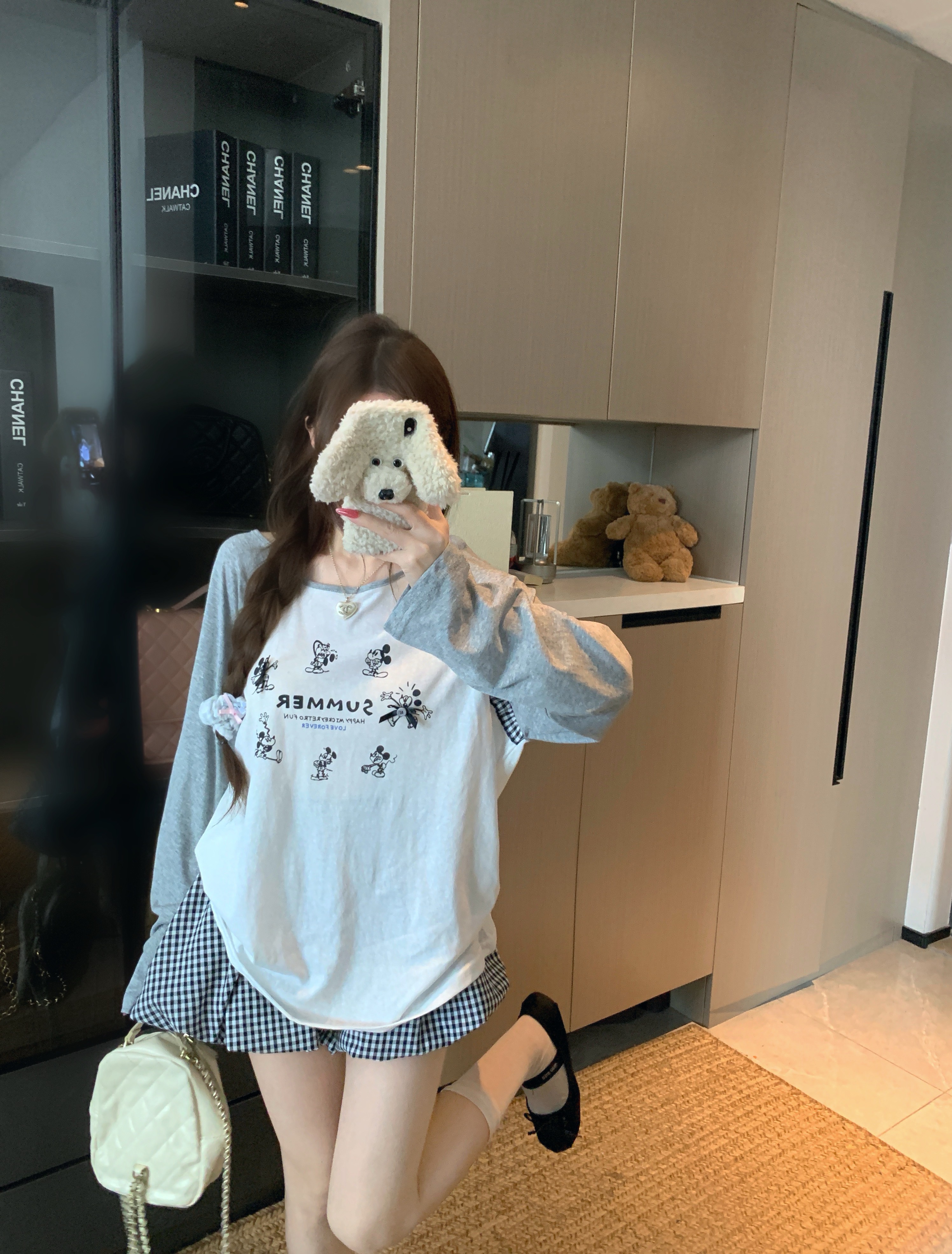 실사 여름 얇은 스타일 루즈핏 만화 알파벳 긴팔 티셔츠 자외선 차단 체크무늬 꽃밭 치마 미니 스커트 투피스 세트