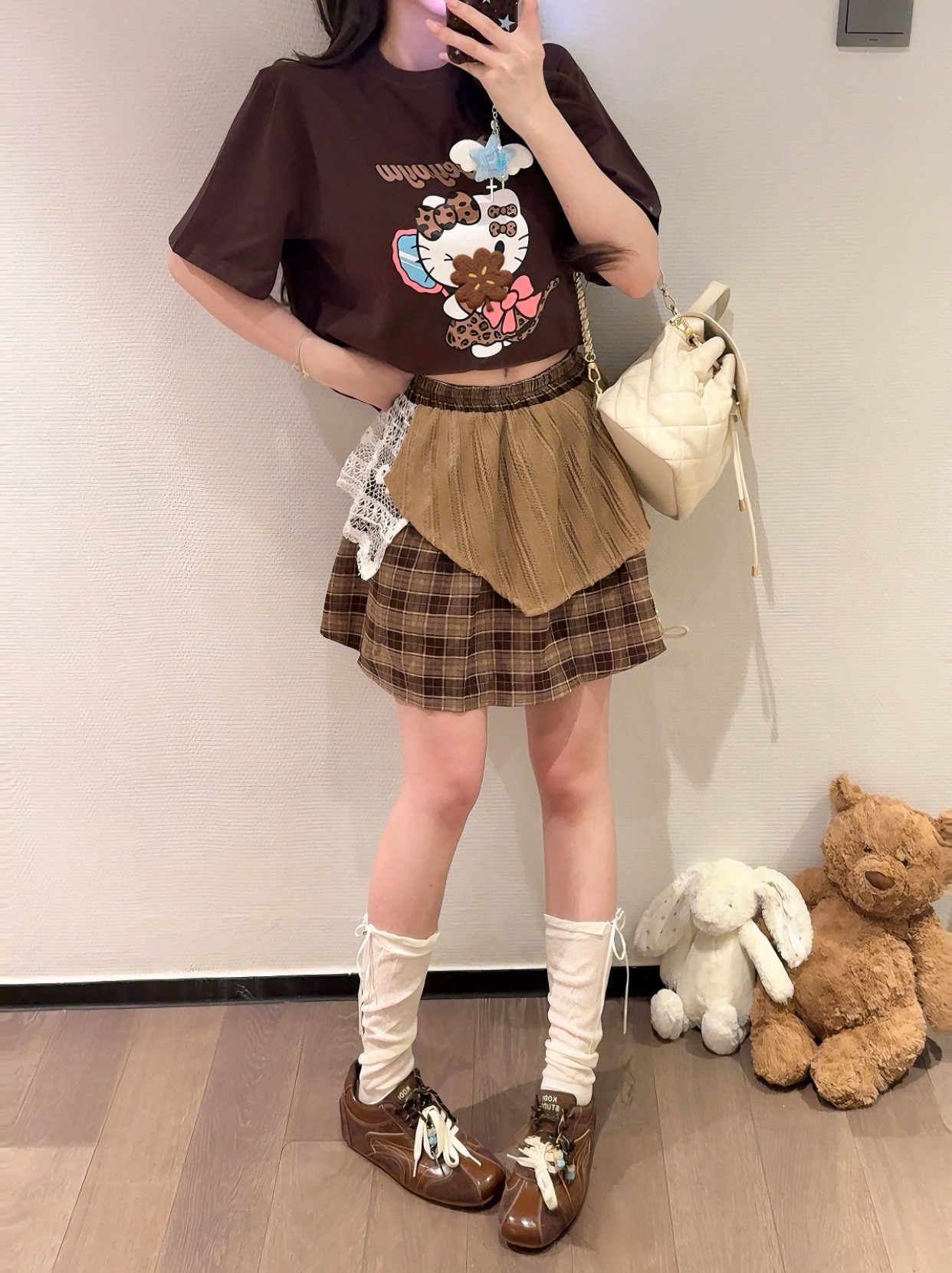 실사 느긋한 바람 프린트 브라운 반팔 티셔츠 패치워크 체크무늬 불규칙 레이스 반신 치마 세트