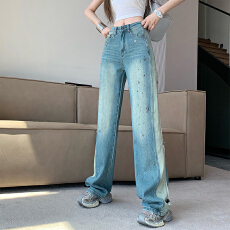 批发实拍烫钻阔腿<b class='q'>牛仔裤</b>女2026新款高腰<b class='q'>镶钻</b>复古直筒高个子垂感拖地裤