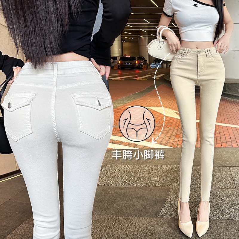 실사 토끼 버블 꽃차 애니 편지 오리지널 디자인 봄 새로운 펭 넓적 다리 작은 발 바지 하이 웨이스트 청바지