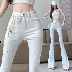 批发实拍白色提花微喇牛仔<b class='q'>裤</b>女夏季薄款弹力<b class='q'>提</b><b class='q'>臀</b>高腰喇叭<b class='q'>裤</b><b class='q'>垂</b>感拖地<b class='q'>裤</b>