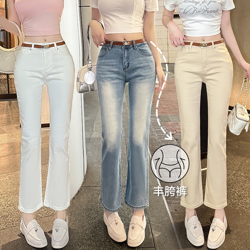 실사 펭 넓적 다리 9부 바지 화이트 스트레이트 담배 파이프 바지 리프트 엉덩이 청바지 타이트 미니멀리즘 다용도 신축성