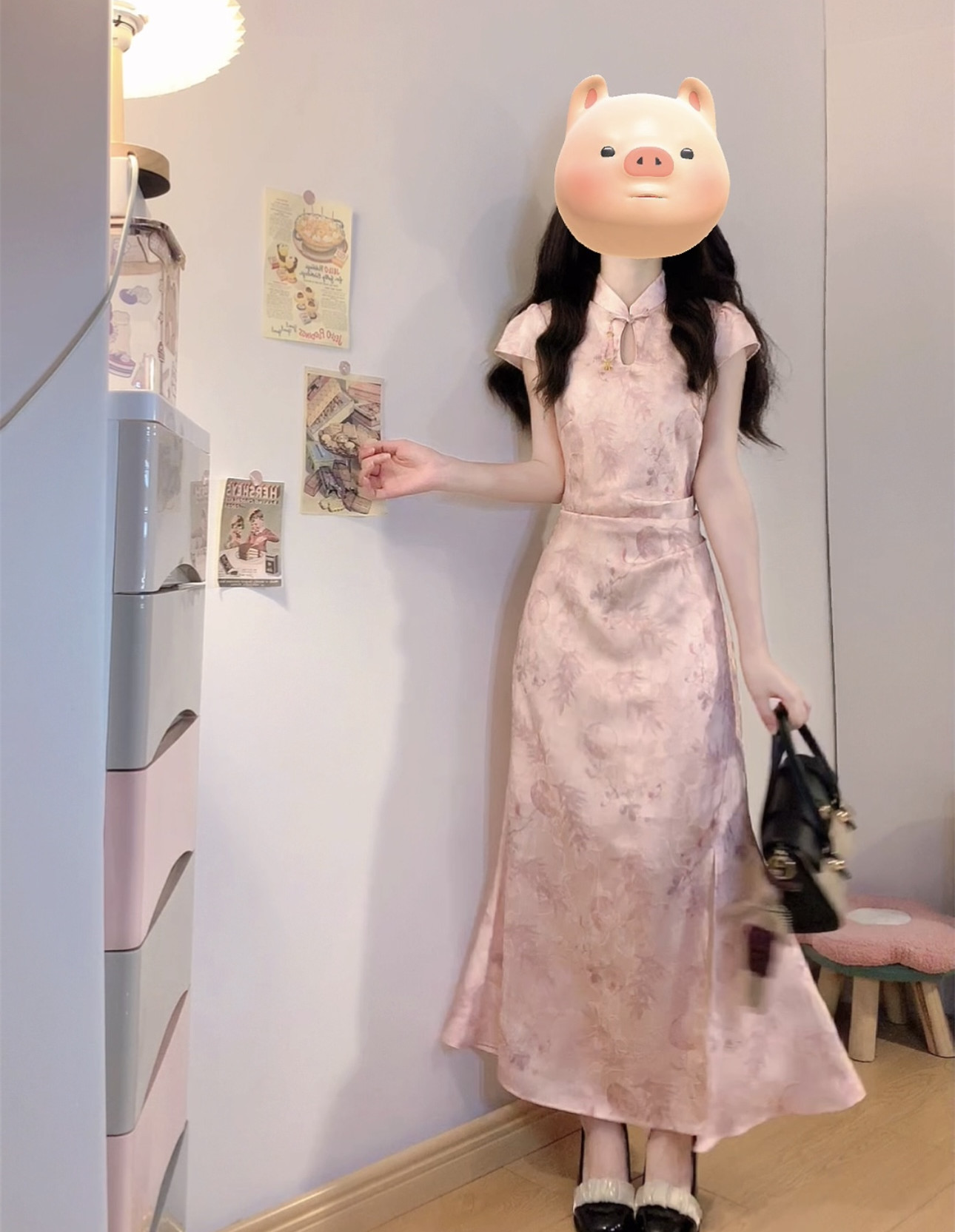 RY5468# 实拍粉笺竹梦大码国风小立领提花缎面新中式改良短袖旗袍显瘦长裙