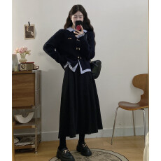 批发实拍大码秋<b class='q'>冬</b>假两件加厚开衫毛衣外套女拼接衬衫搭配半身裙两件套
