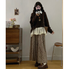 批发实拍大码毛衣套装宽松日系套头慵懒风蕾丝<b class='q'>衬衣</b>打底搭配印花百褶裙