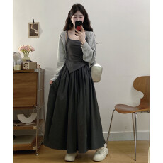 批发实拍 2026春夏法式外搭开衫上衣拼接假两件吊带<b class='q'>连衣裙</b>两件套装女