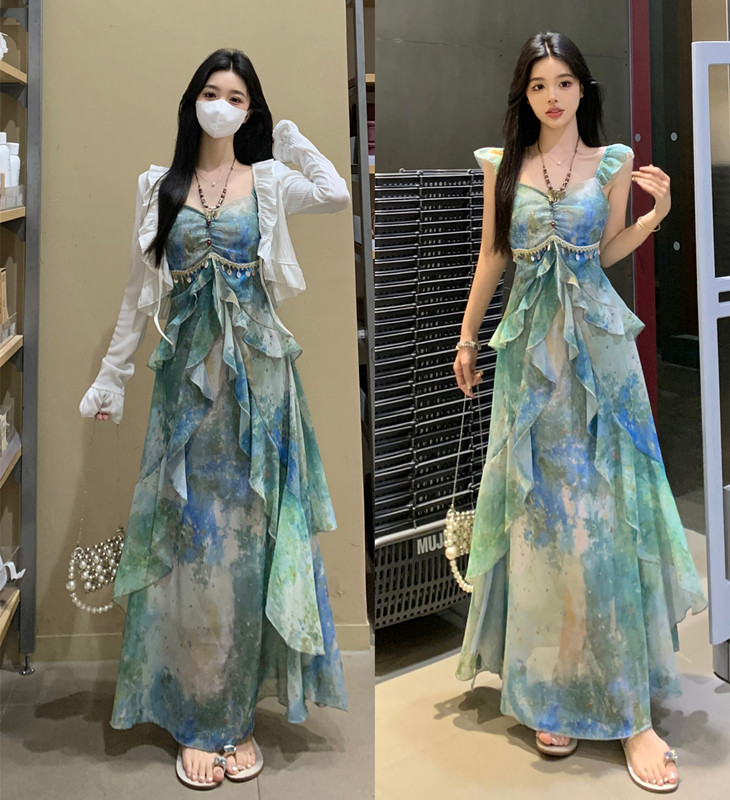 실사 숲의 방 떠 다니는 여름 여름 슬립 품격 여성 드레스 여름 프린트 쉬폰 슬림해 보이는 표지 고기 드레스