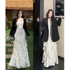 批发实拍 法式波点连衣裙女春夏显瘦通勤高级感+黑色<b class='q'>西装</b>针织开衫件套