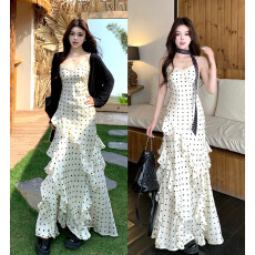 批发实拍 法式波点连衣裙女春夏显瘦通勤高级感+黑色针织开衫件套