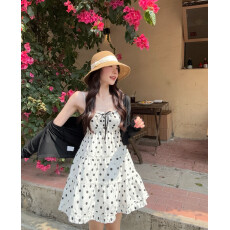 批发实拍 大码2026夏新纯欲波点木耳边a字吊带裙针织开衫<b class='q'>甜美</b>两件套