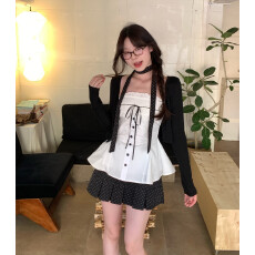 批发实拍 大码韩女三件套针织开衫外套花边蝴蝶结吊带上衣波点短裙套