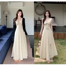 批发实拍  大码夏季蕾丝无袖波点连衣裙重工亚麻收腰度假裙搭配开衫