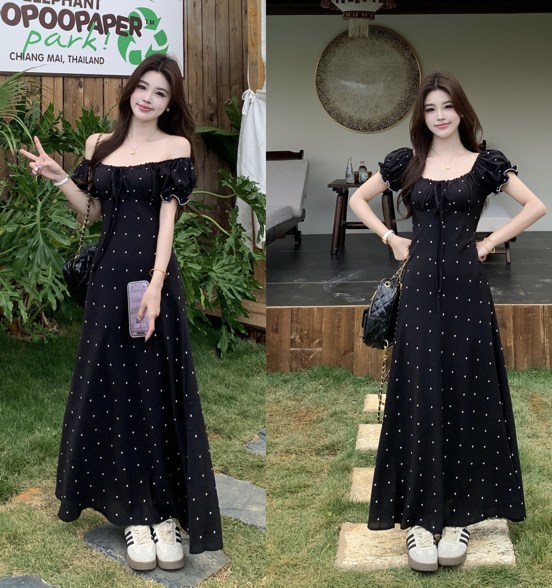 실사 빅 사이즈 여름 프랑스식 레트로 디자인 센스 허리 수축 슬림해 보이는 반팔 드레스 하트 쉬폰 롱 스커트