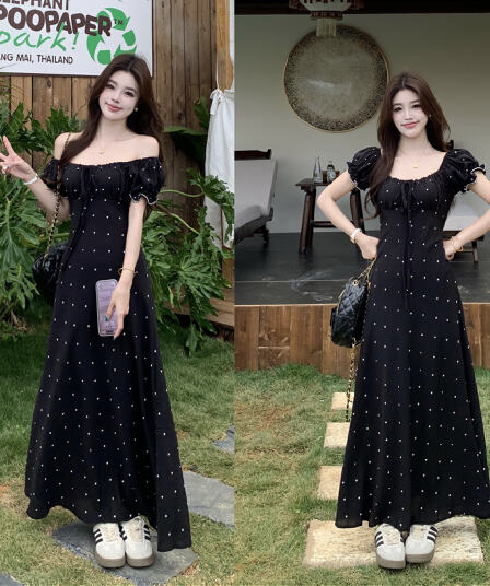 실사 빅 사이즈 여름 프랑스식 레트로 디자인 센스 허리 수축 슬림해 보이는 반팔 드레스 하트 쉬폰 롱 스커트