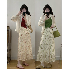 批发实拍 2026大码度假风防晒衬衣+吊带背心+<b class='q'>碎花</b>雪纺半身裙时尚套装