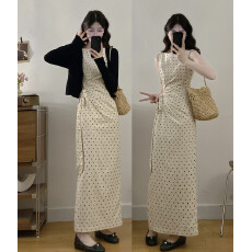 批发实拍 夏季法式温柔下摆开叉无袖波点背带显瘦棉麻长裙女搭配<b class='q'>开衫</b>