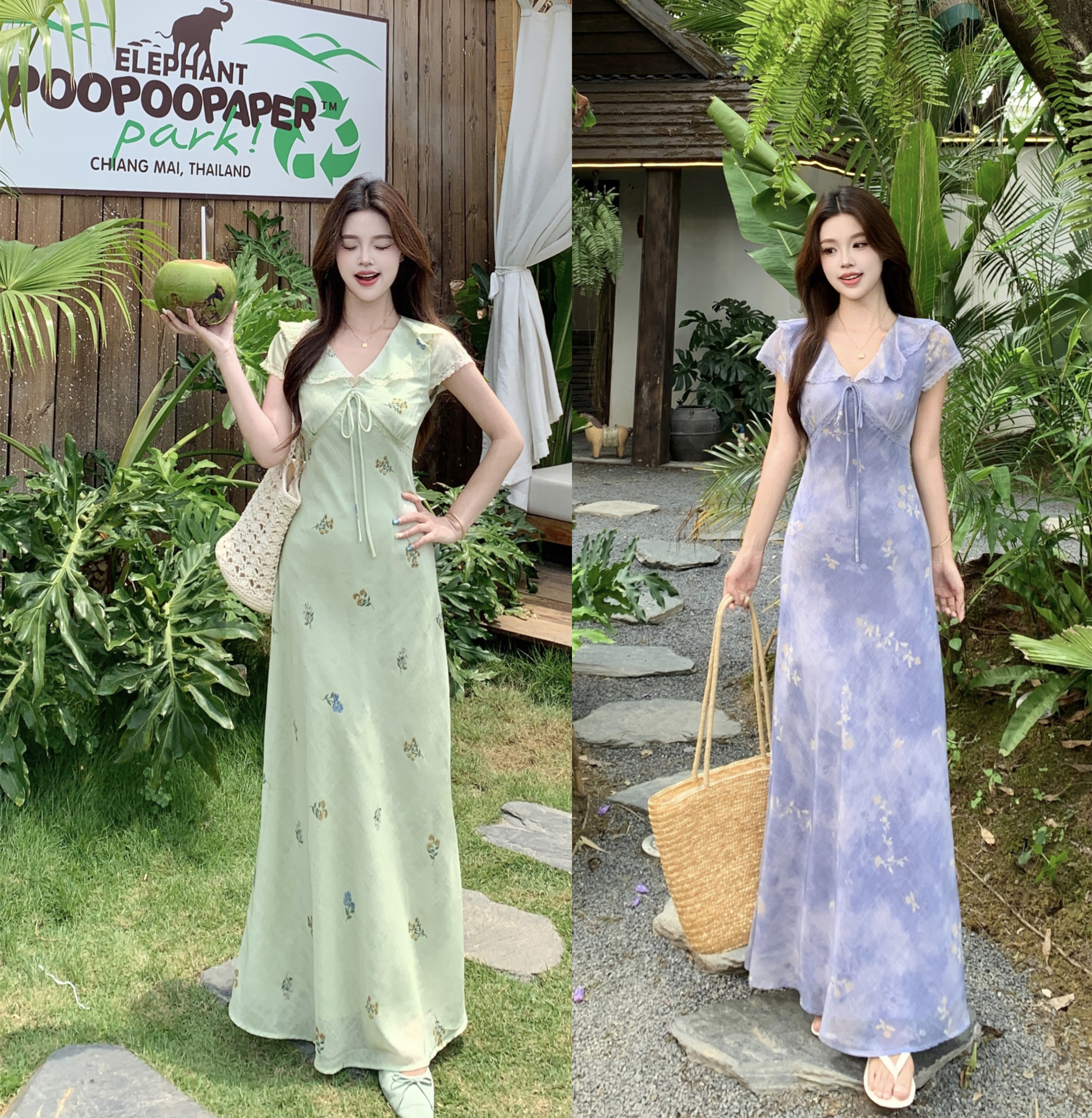 실사 여름 프릴 V넥 레이스업 꽃무늬 한 부서 품격 부드러운 달콤함 우아함 쉬폰 여성 드레스