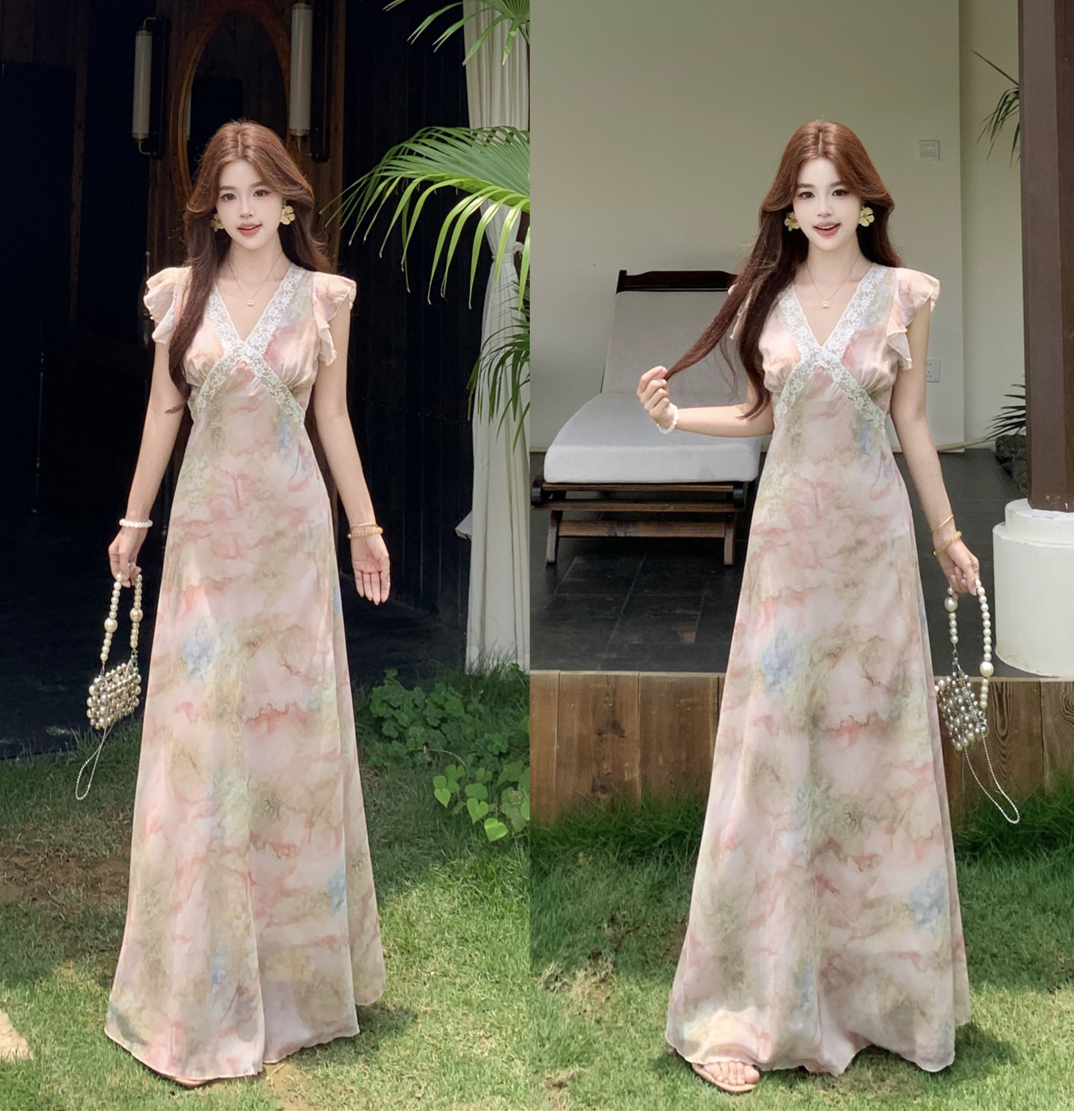 실사 빅 사이즈 아름다운 핑크색 레이스 조각 V넥 꽃무늬 드레스 여름 자이언트 잘 생긴 허리 수축 롱 코트 휴가 치마