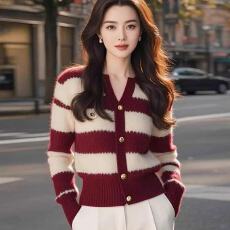 批发酒红色条纹针织开衫毛衣女款2025秋冬新款小香风外套软糯保暖上衣