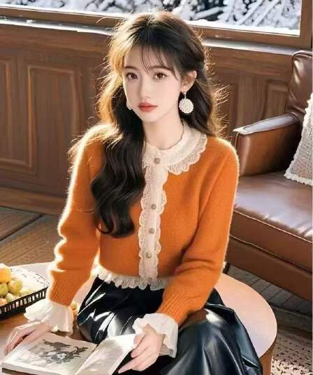 양모 스웨터 작은 샤넬 스타일 주황색 스웨터 여자 가을 겨울 새로운 레이스 레이스 니트 스웨터 연령 감소 작은 키 카디건