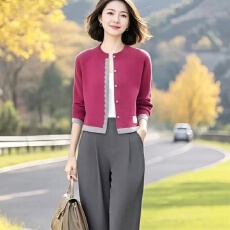 批发秋季撞色针织短款开衫女时髦显高拼接蕾丝边纽扣圆领小外套