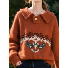 批发2025秋冬新款费尔岛风红色<b class='q'>翻领</b>针织衫女高级感设计感叠穿毛衣外套