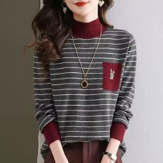 批发半高领撞色条纹毛衣女羊毛短款秋冬<b class='q'>新款</b>宽松加厚内搭针织<b class='q'>打底衫</b>