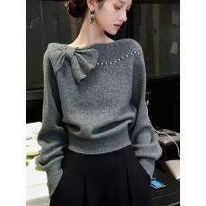 法式气质灰色蝴蝶结露肩针织衫女秋冬高级感修身内搭短款毛衣上衣
