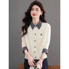 批发假两件翻领拼接针织开衫女短款春装2026新款灰色外搭毛衣外套春秋