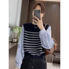 批发假两件长袖拼接撞色条纹圆领T恤<b class='q'>衬衫</b>女秋季新款显瘦百搭休闲上衣