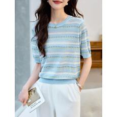 批发夏季薄款冰丝短袖t恤女2026新款设计感薄款正肩针织小衫小众上衣