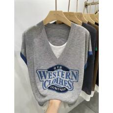 批发灰色假两件V领短袖T恤<b class='q'>女</b>装夏季薄款宽松<b class='q'>大码</b>胖mm遮肚显瘦撞色上衣