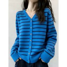 批发简约风蓝色条纹V领针织开衫女2026年春季新款慵懒风宽松显瘦上衣