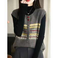 批发提花针织马甲女圆领无袖开衫背心春<b class='q'>秋</b>季时髦减龄外穿短款无袖外套