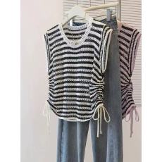 批发撞色条纹镂空针织背心女外穿2026夏<b class='q'>大码</b>胖mm两侧抽绳掐腰无袖上衣