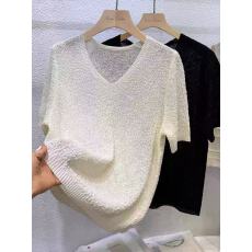 批发韩系V领镂空短袖针织衫女宽松2026夏新款韩国简约洋气高级感上衣