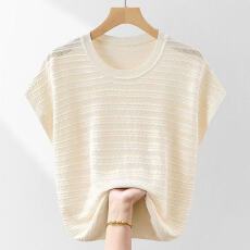 批发2026年夏季新款时尚百搭女圆领镂空冰丝针织T恤短袖通勤设计上衣