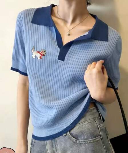 고급 센스 잘 생긴 빅 사이즈 POLO 칼라 다용도 니트 반팔 여성 지방 mm 슬림해 보이는 연령 감소 반소매 만나는 맨위 여름
