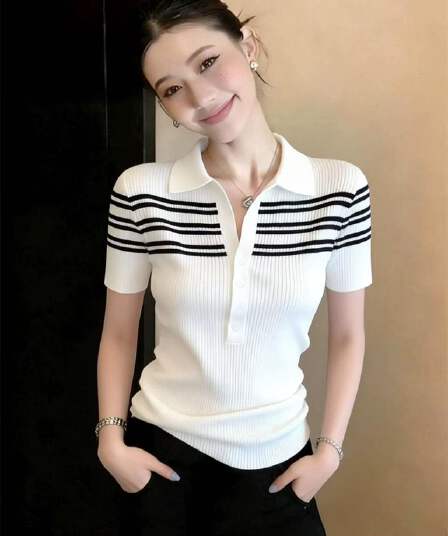 배색 스트라이프 폴로 칼라 반팔 니트 POLO 셔츠 티셔츠 여성 2026 봄 여름 몸매 가꾸기 출퇴근 바람 품격 맨위