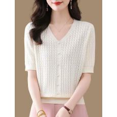 批发V领短袖镂空针织衫女夏季薄款宽松洋气遮肚上衣<b class='q'>通勤</b>风洋气冰丝T恤