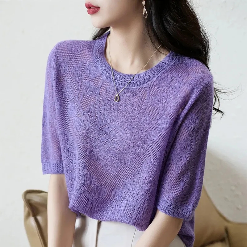 여름 새로운 얇은 스타일 보라색 패션 라운드 넥 5 점 소매 짠 셔츠 루즈핏 티셔츠 여성 자카드 티셔츠 맨위 여성