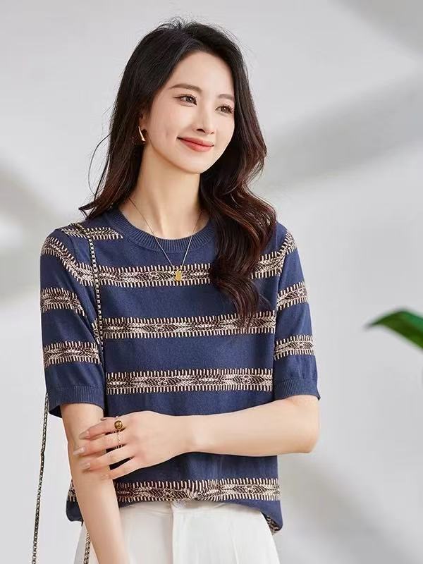 새로운 패션 뽕나무 누에 실크 2026 여름 실크 스트라이프 라운드 넥 티셔츠 외국 가스 여성 통기성 반팔 맨위